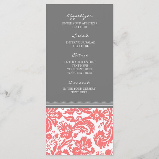 Hochzeitmenü Grau Coral Damask Muster Menükarte (Vorderseite)
