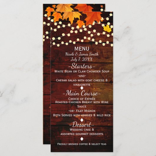 Hochzeitmenü Herbst/Herbst/Herbst-Blätter und Lich Menükarte (Vorne/Hinten)