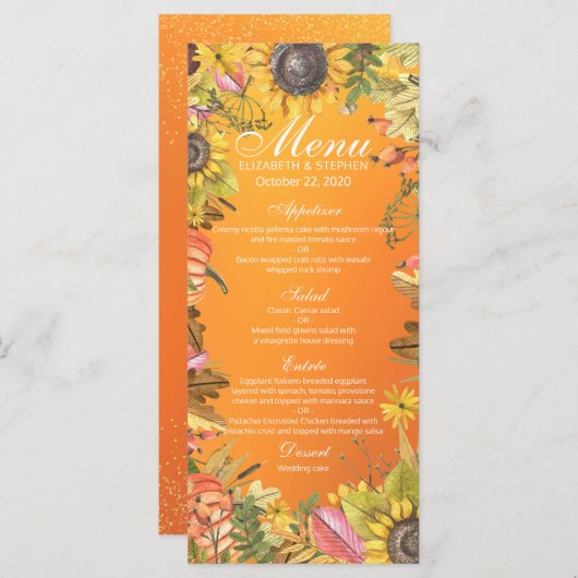 Hochzeitmenü Herbstmaple Blätter Pumpkin Sonnenblu Menükarte (Vorne/Hinten)