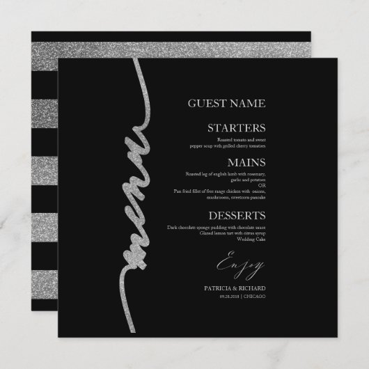Hochzeitmenü Karte Imitate Glitzer Silver Black (Vorne/Hinten)