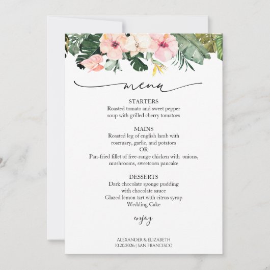 Hochzeitmenü Karte Palm Blätter Hibisken Tropical (Vorderseite)