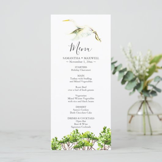 Hochzeitmenü Karten Wasserfarbener Weißer Heron (Stehend Vorderseite)