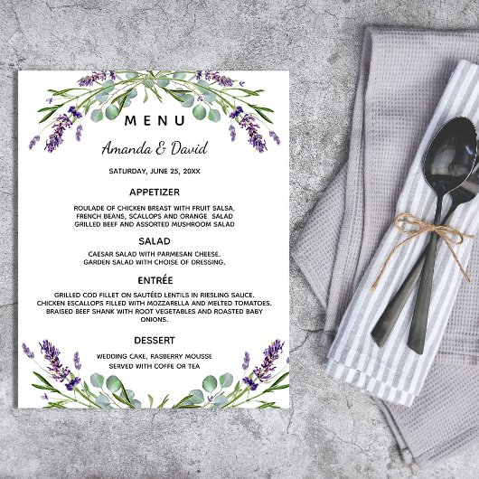 Hochzeitmenü Lavendel eucalyptus grünes Budget Flyer