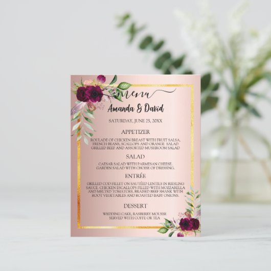 Hochzeitmenü-Programm floraliert bordeauxrote Rose (Stehend Vorderseite)