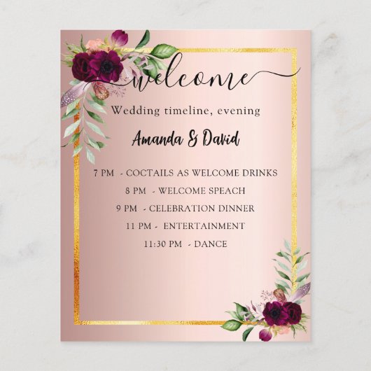 Hochzeitmenü-Programm floraliert bordeauxrote Rose (Rückseite)