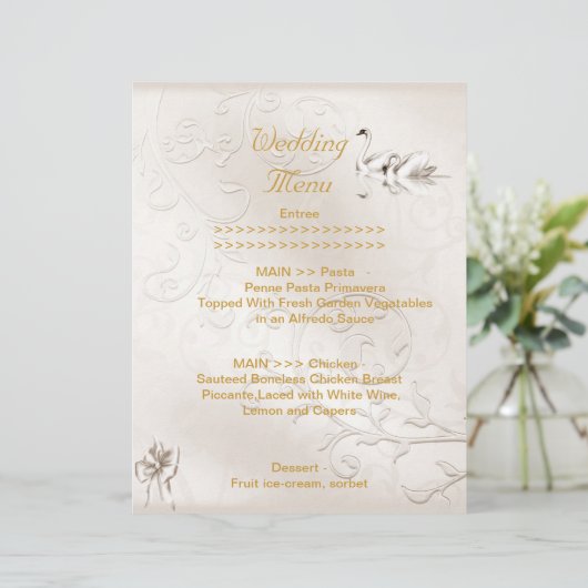 Hochzeitmenü Programm Swans Cream White Bow Set (Stehend Vorderseite)