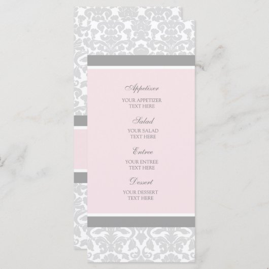 Hochzeitmenü Rosa Grau Damask Menükarte (Vorne/Hinten)