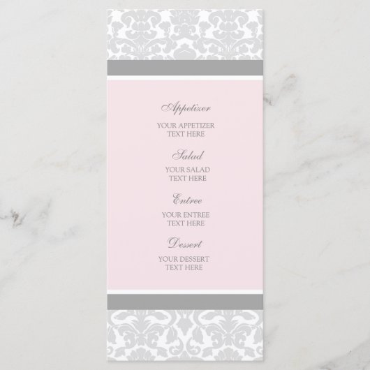 Hochzeitmenü Rosa Grau Damask Menükarte (Vorderseite)