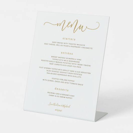 Hochzeitmenü Sign Bouncy Wirbel Calligraphy Gold Sockelschild (Vorderseite)