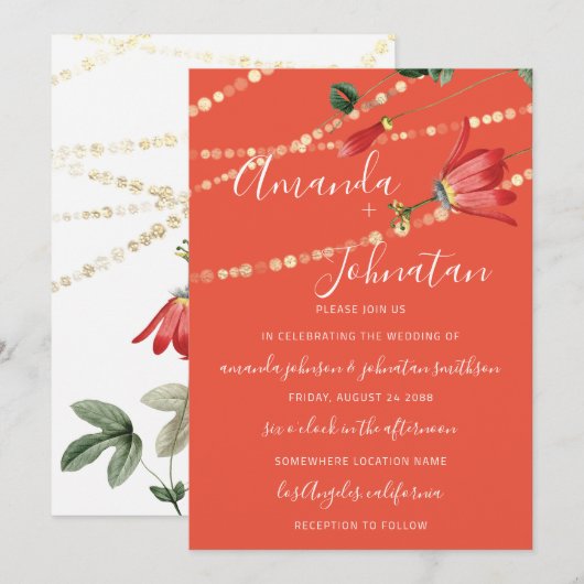 Hochzeitmoderne Monogram Coral White Lights Gold Einladung (Vorne/Hinten)