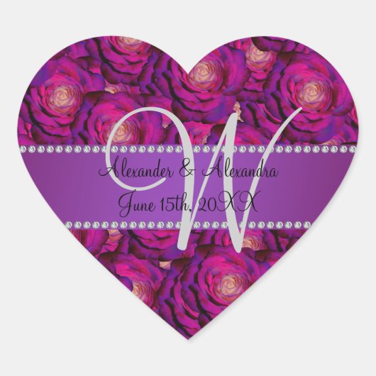 Hochzeitmonogramm-lila Rose Herz-Aufkleber (Vorderseite)