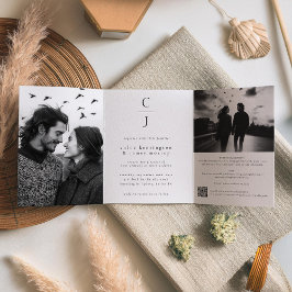 Hochzeitmonogramm Modernes Schwarz-weißes Foto QR- Dreifach Gefaltete Einladung