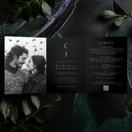 Hochzeitmonogramm Modernes Schwarzes 2 Foto QR-Cod Dreifach Gefaltete Einladung