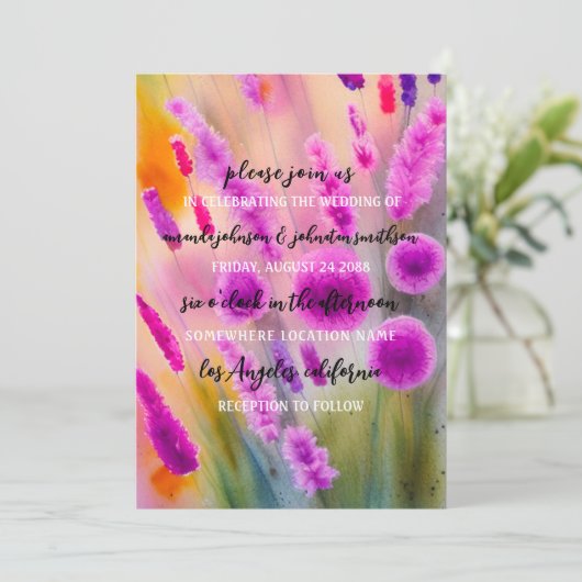 Hochzeitmonogramm QR-Code Wiese Lila grün Einladung (Stehend Vorderseite)