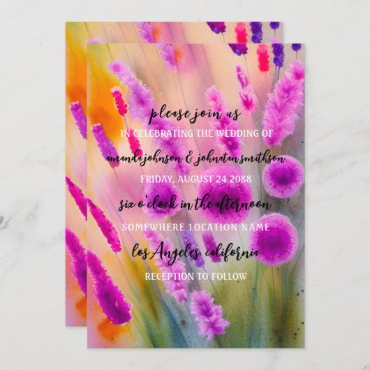 Hochzeitmonogramm QR-Code Wiese Lila grün Einladung (Vorne/Hinten)