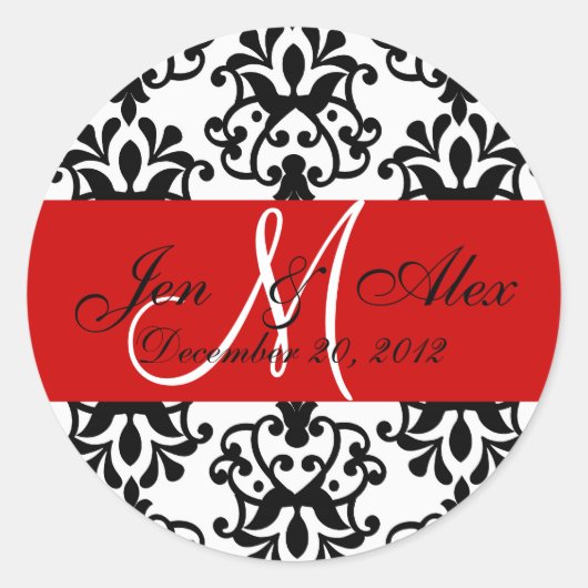 Hochzeitmonogramm Rett Datum Damaske Rotes Siegel Runder Aufkleber (Vorderseite)