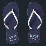Hochzeitmonographie für Marine und Türkis Badesandalen<br><div class="desc">Maßgeschneiderte gedreht Flop-Sandalen personalisiert mit einem niedlichen Herz und Ihre Monogramm-Initialen und Hochzeitstermin. Klicken Sie auf Anpassen,  um Schriftart und Farben zu ändern oder eigene Bilder hinzuzufügen,  um ein einzigartiges Design zu erstellen!</div>