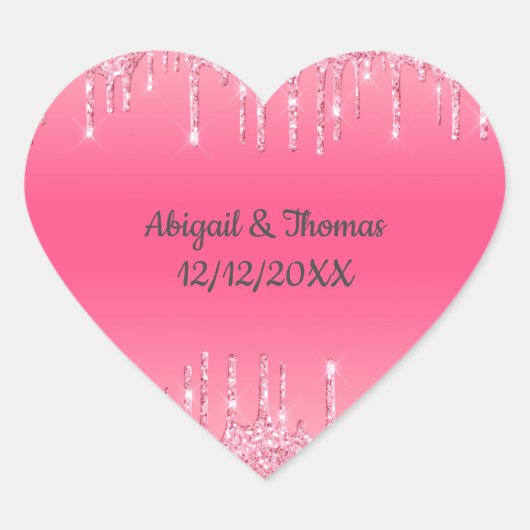 Hochzeitnamen Datum Rosa Dripping Glitzer Trendy Herz-Aufkleber (Vorderseite)