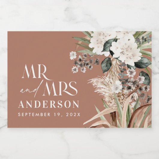 Hochzeitpampas eucalyptus modern mr und mrs Party Schaumweinetikett (Einzelnes Label)