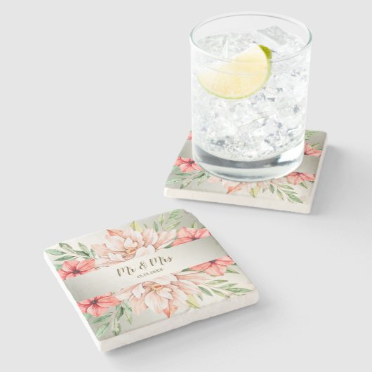 Hochzeitpfirsichfarbene orangefarbene Blätter Steinuntersetzer (Seitenansicht)