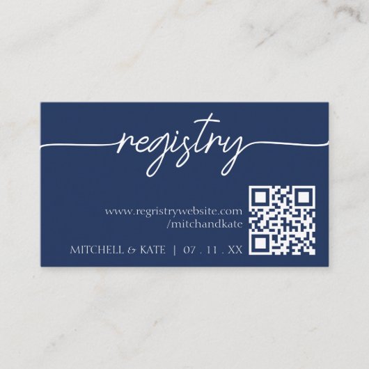 Hochzeitregister QR Code Navy Blue & White Begleitkarte (Vorderseite)