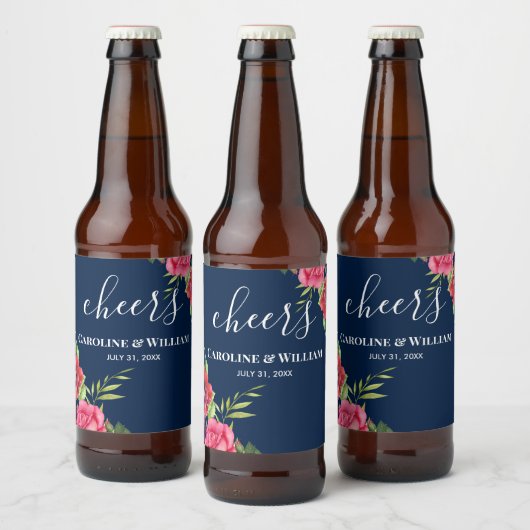 Hochzeitrot und rosa Blume Dunkelblau Bierflaschenetikett (Flaschen)