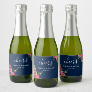 Hochzeitrot und rosa Blume Dunkelblau Schaumweinetikett