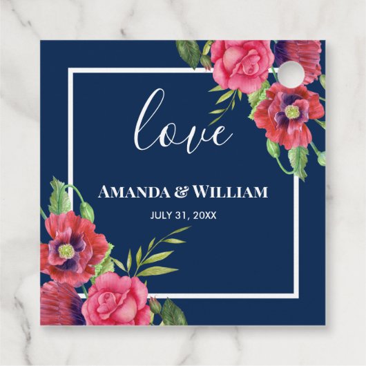 Hochzeitrote und rosa Blume Dunkle Marine Geschenkanhänger (Rückseite)