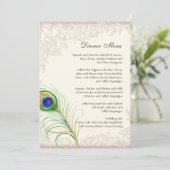 Hochzeits-Abendessen-Menü-Vintage Pfau-Feder Menükarte (Stehend Vorderseite)