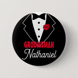 Hochzeits-Black-Tie-Smoking, rote Rose, anpassbar Button