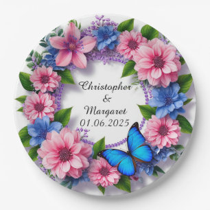 Hochzeits-Blumenrahmen mit farbenfrohen Blumen Pappteller