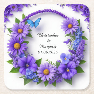 Hochzeits-Blumenrahmen mit farbenfrohen Blumen Rechteckiger Pappuntersetzer