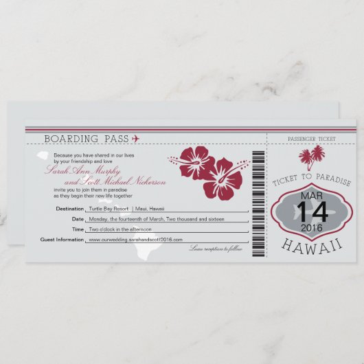 Hochzeits-Boarding-Durchlauf nach Hawaii Einladung (Vorne/Hinten)