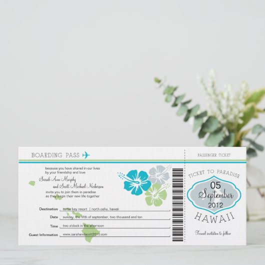 Hochzeits-Boarding-Durchlauf nach Hawaii Einladung (Stehend Vorderseite)