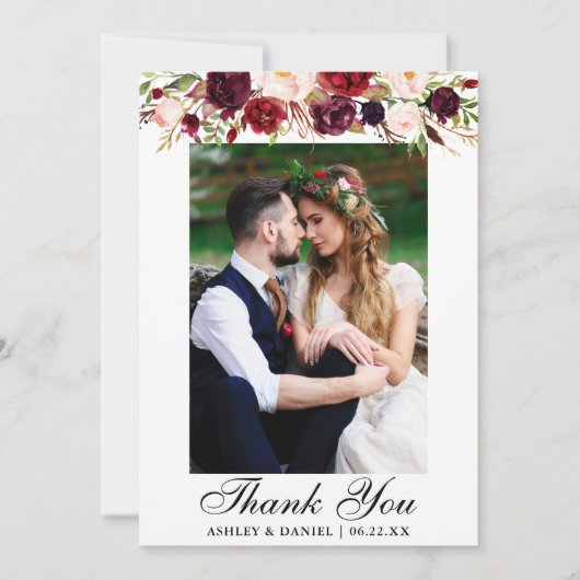 Hochzeits-BurgunderblumenFoto Dankeskarte (Vorderseite)