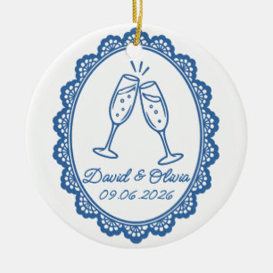 Hochzeits-Champagner-Trinkspruch Namen & Datum Keramik Ornament