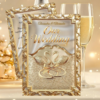 Hochzeits-Cream-Gold-Schwäne-Ringe Gold Diamanten Einladung
