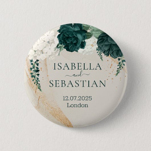 Hochzeits-Cream-Sage-Smaragdgrüne-Rosen-Blumen Button (Vorderseite)