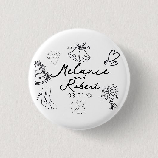 Hochzeits-Doodle Save the Dates Hochzeitsjubiläum Button (Vorderseite)