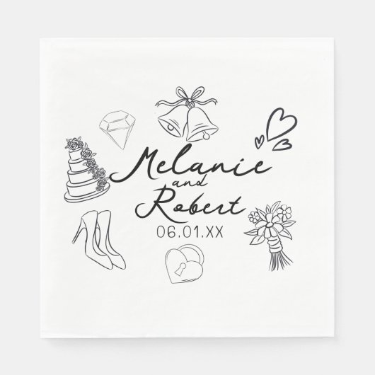 Hochzeits-Doodle Save the Dates Hochzeitstag Serviette (Vorderseite)