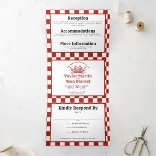 Hochzeits-Einladung 'Woodcut Crab Beach' - Alles i Dreifach Gefaltete Einladung