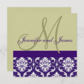 Hochzeits-Einladungs-Monogrammtaupe-lila Damast Einladung (Vorne/Hinten)