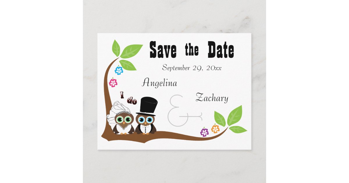 HochzeitsEulenBraut und Bräutigam Save the Date Ankündigungspostkarte