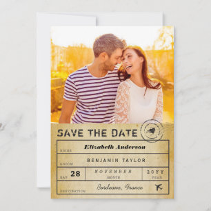 Hochzeits-Foto auf Vintage-Gepäckanhänger Save The Date