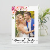 Hochzeits-Foto-Liebe und Dank-rosa Blumen Dankeskarte (Stehend Vorderseite)