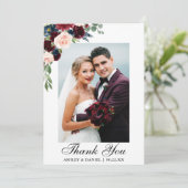 Hochzeits-Fotowatercolor-Burgunder-blaues Blumen Dankeskarte (Stehend Vorderseite)