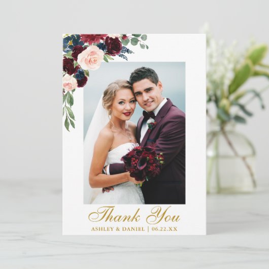 Hochzeits-Fotowatercolor-Burgunderblaues Dankeskarte (Stehend Vorderseite)