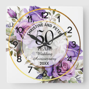Hochzeits Goldrahmen Violette Rosen Jubiläum  Quadratische Wanduhr