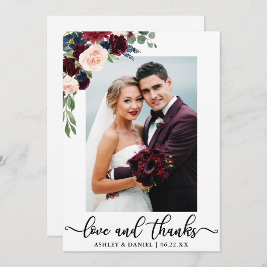 Hochzeits-Liebe-und Dank-Burgunder-blaues Blumen Dankeskarte (Vorne/Hinten)