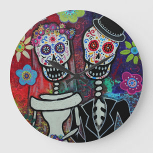 Hochzeits-Liebhaber Dia de Los Muertos Couple Große Wanduhr